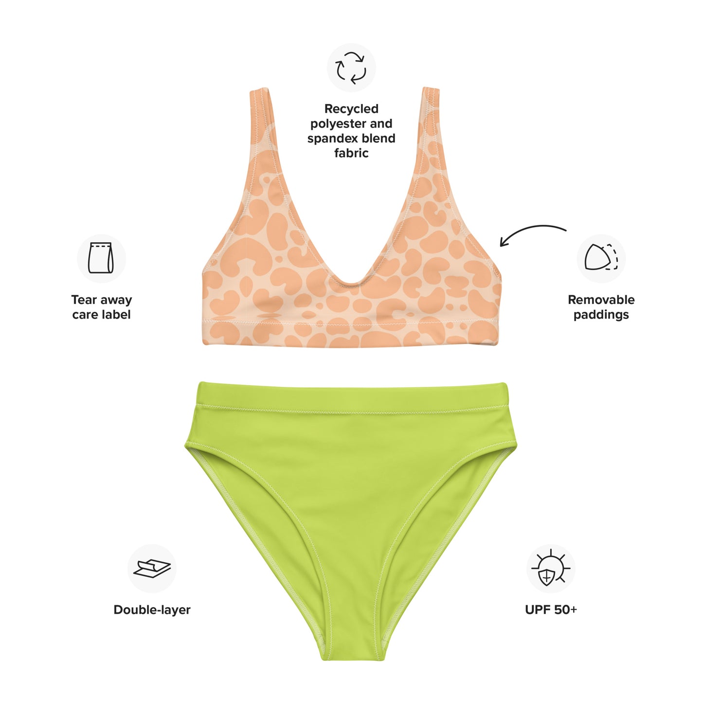 Recycled High-Waisted Bikini Animal Print & Solid Neon Swimwear