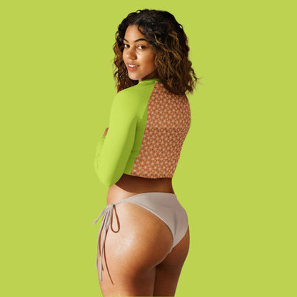 Recycled Long Sleeve Crop Top Neon Green and Peach Fuzz Print