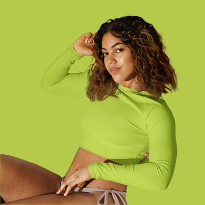 Recycled Long Sleeve Crop Top Neon Green and Peach Fuzz Print