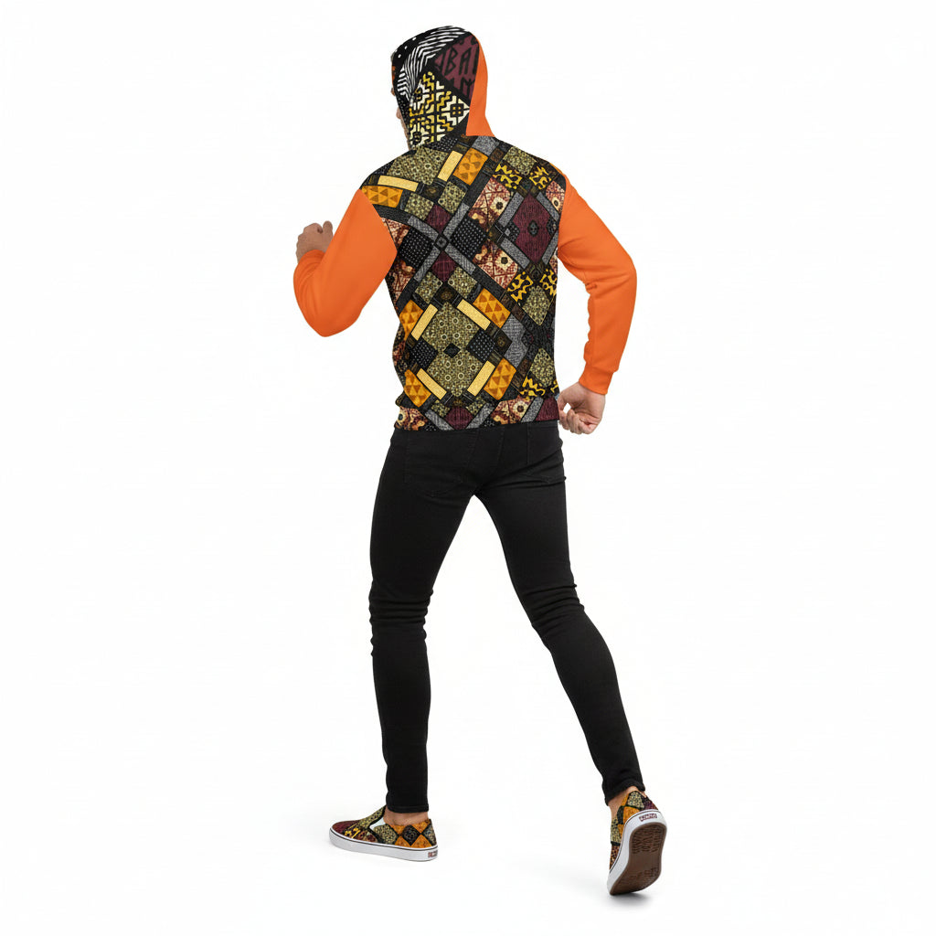 Hoodie with a colorful geometric pattern on the back against a white background