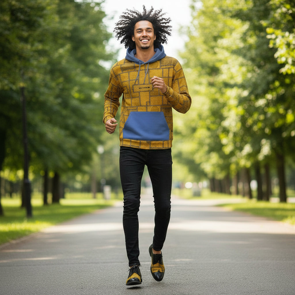 Man running on a path in a park with trees lining the sides