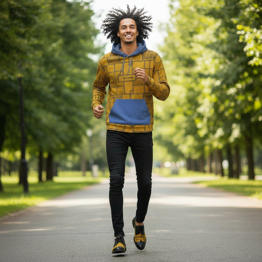Man running on a path in a park with trees lining the sides