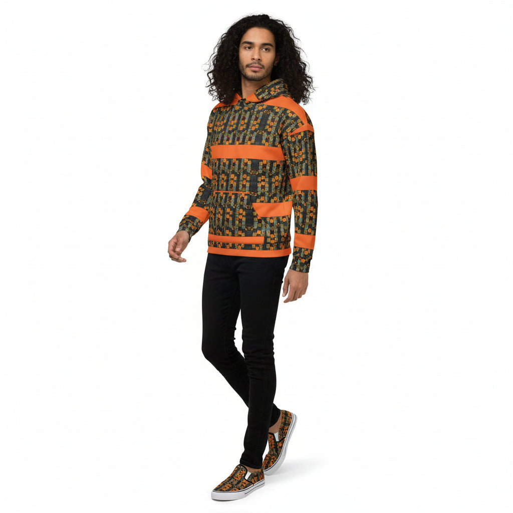 Person wearing a patterned hoodie with orange accents on a white background