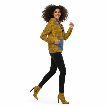 Person wearing a yellow and blue patterned hoodie on a white background