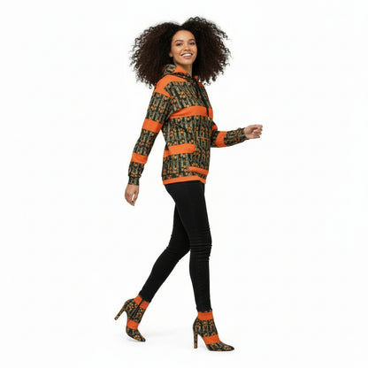 Man wearing a patterned hoodie with orange accents on a white background