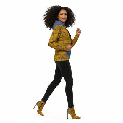 Person wearing a yellow and blue patterned hoodie on a white background