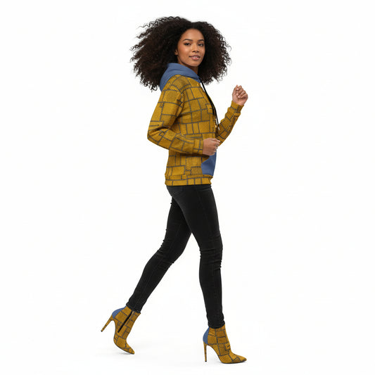 Person wearing a yellow and blue patterned hoodie on a white background