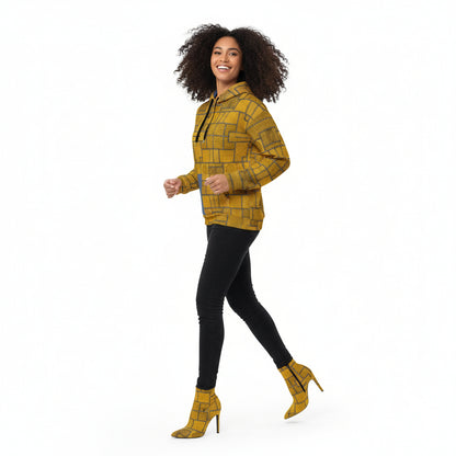 Person wearing a yellow patterned hoodie with a blue pocket on a white background