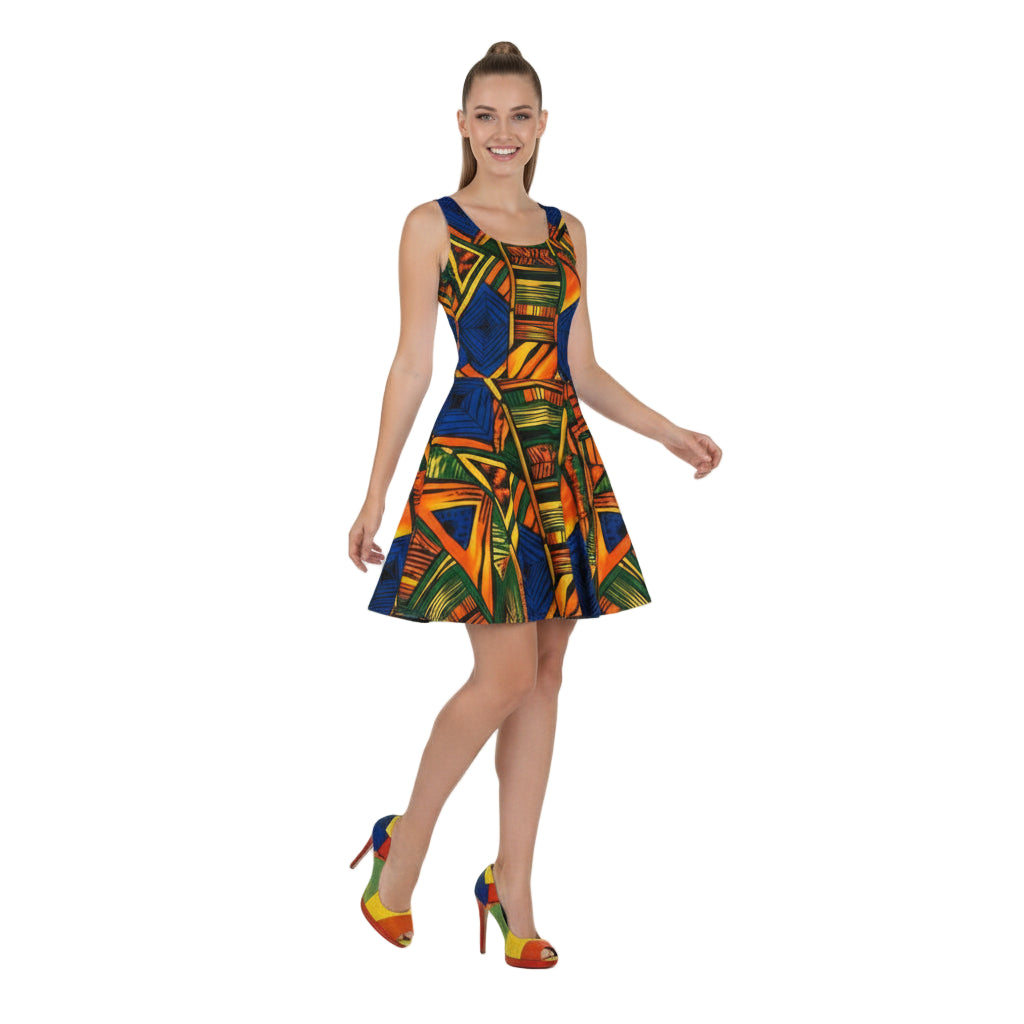 Woman wearing a colorful patterned dress on a white background