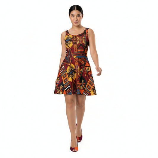 Woman wearing a colorful patterned dress on a white background