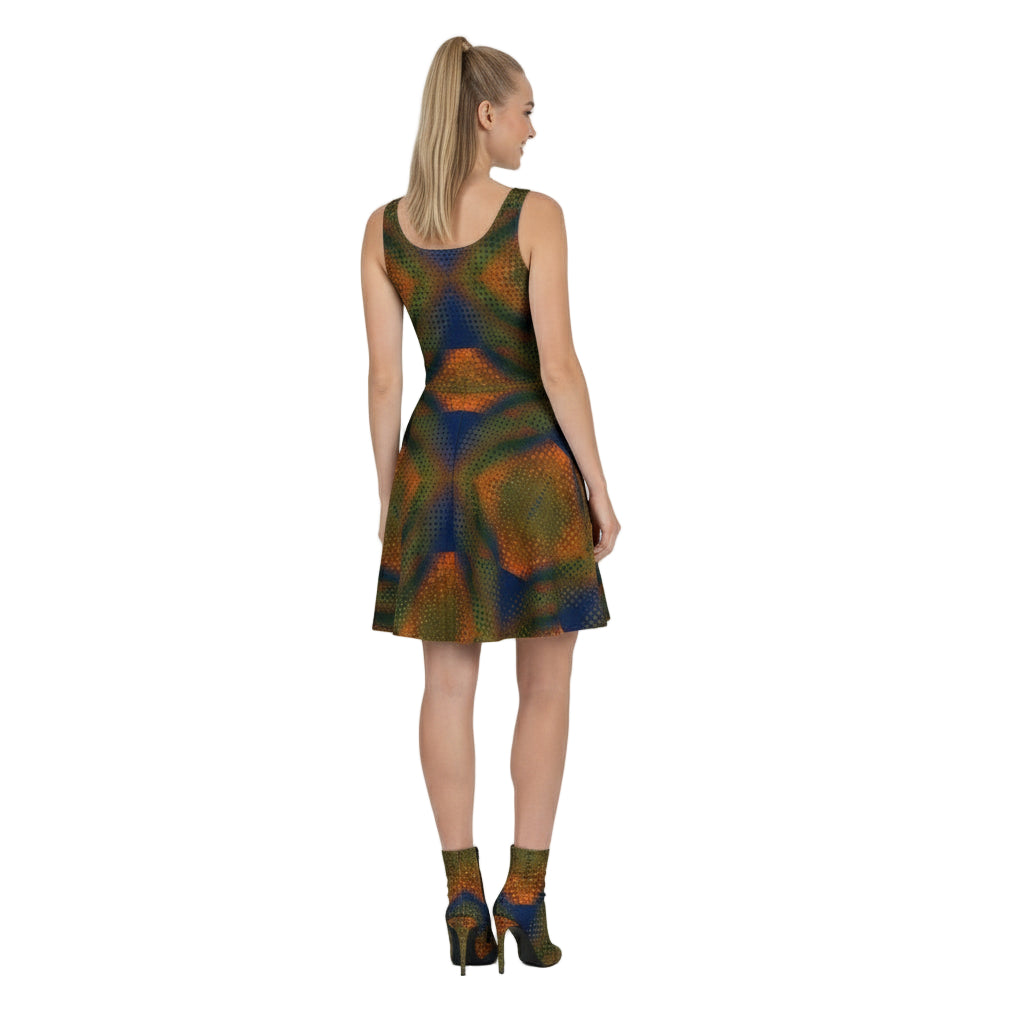 Woman wearing a colorful patterned dress on a white background