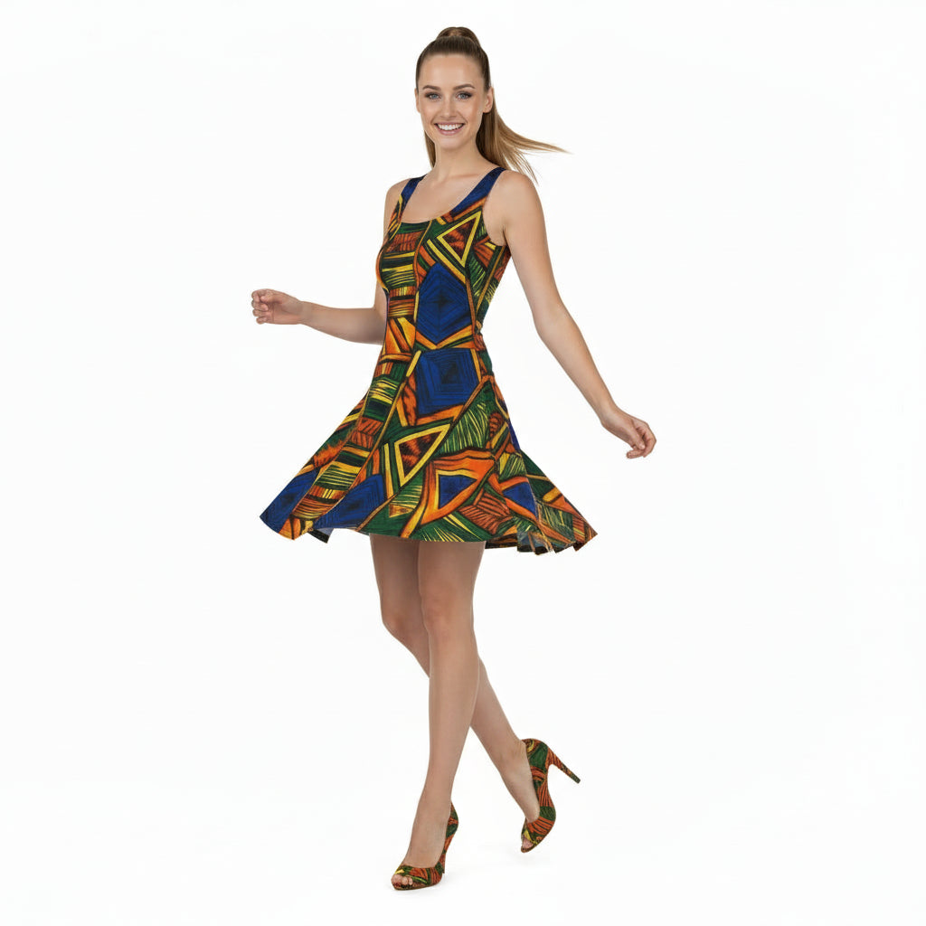 Woman wearing a colorful geometric patterned dress on a white background