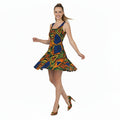 Woman wearing a colorful geometric patterned dress on a white background