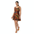 Woman wearing a colorful patterned dress on a white background