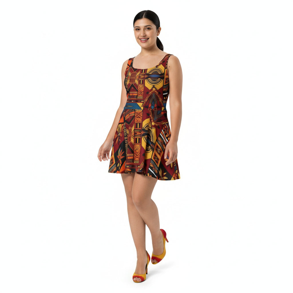 Woman wearing a colorful patterned dress on a white background