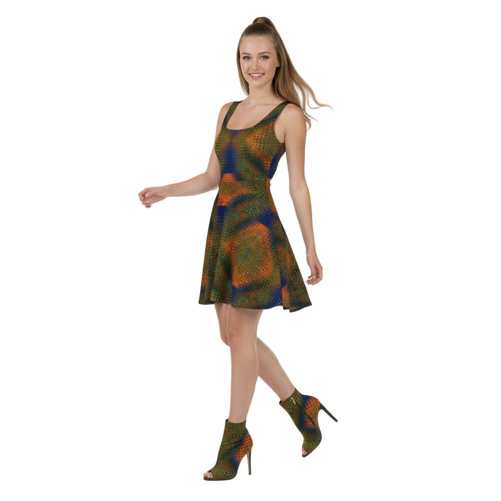Woman wearing a KhuKhuZ sleeveless skater dress with a geometric pattern on a white background