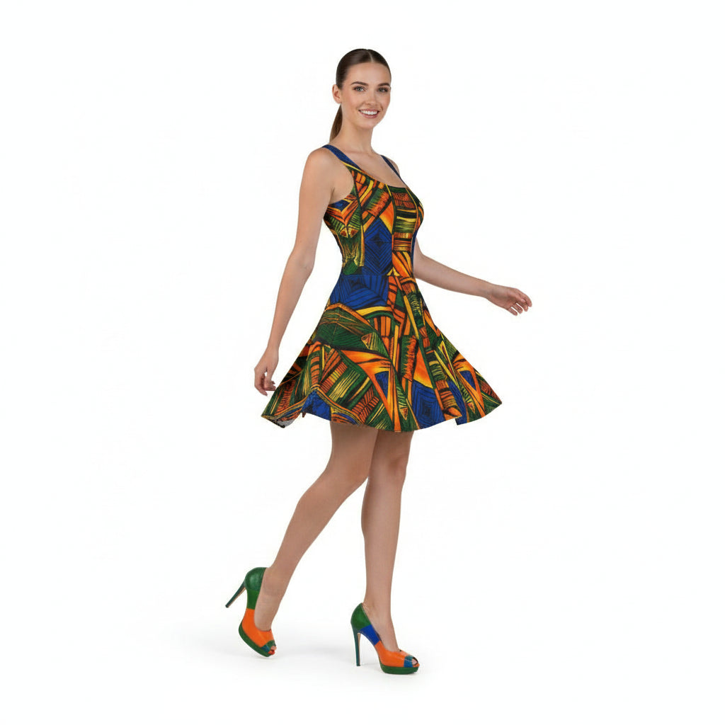 Woman wearing a colorful patterned dress on a white background