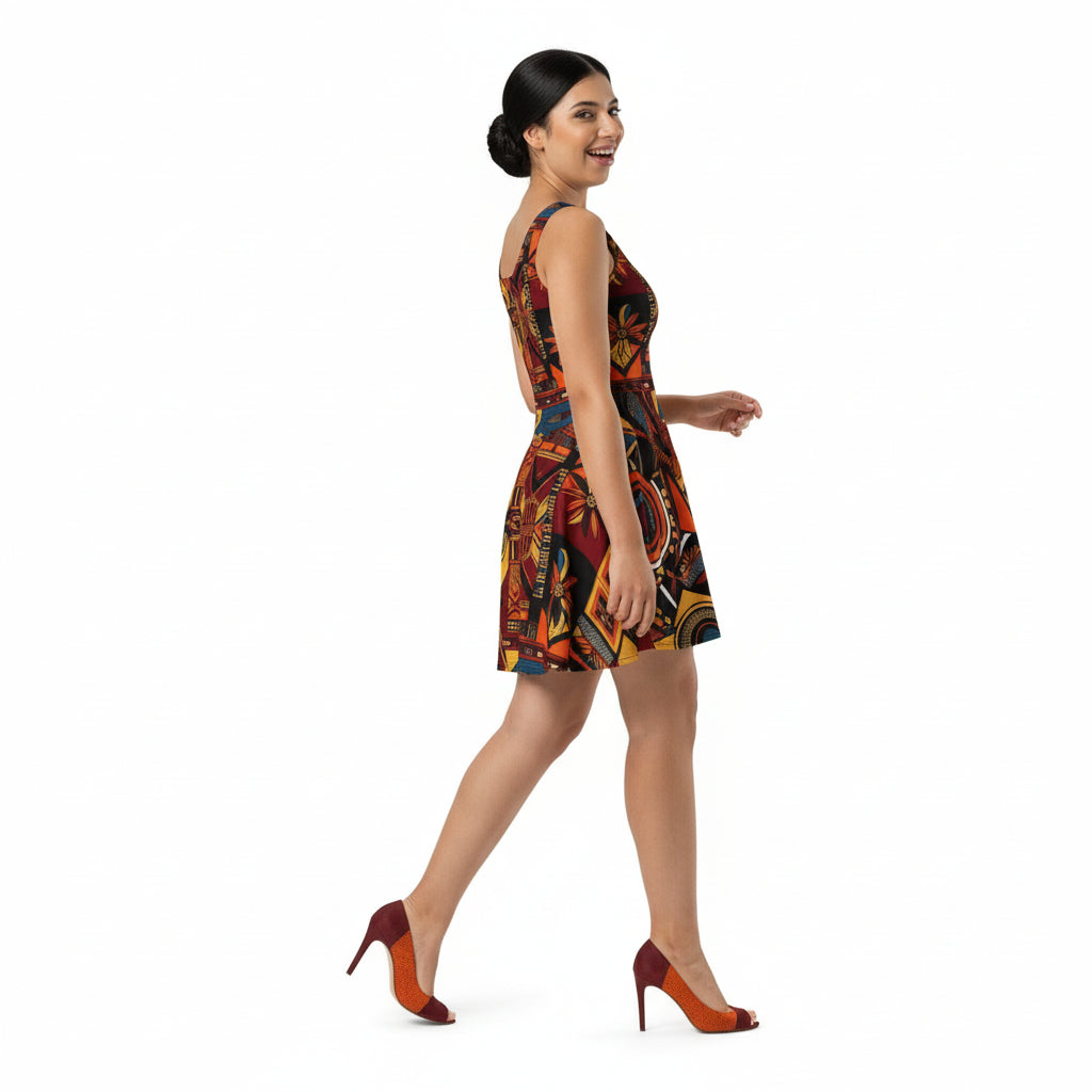 Woman wearing a colorful patterned dress on a white background