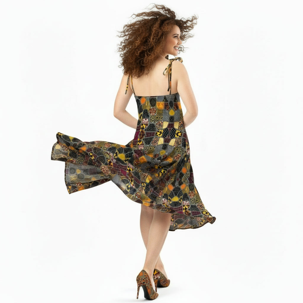 Woman wearing a colorful patterned dress on a white background