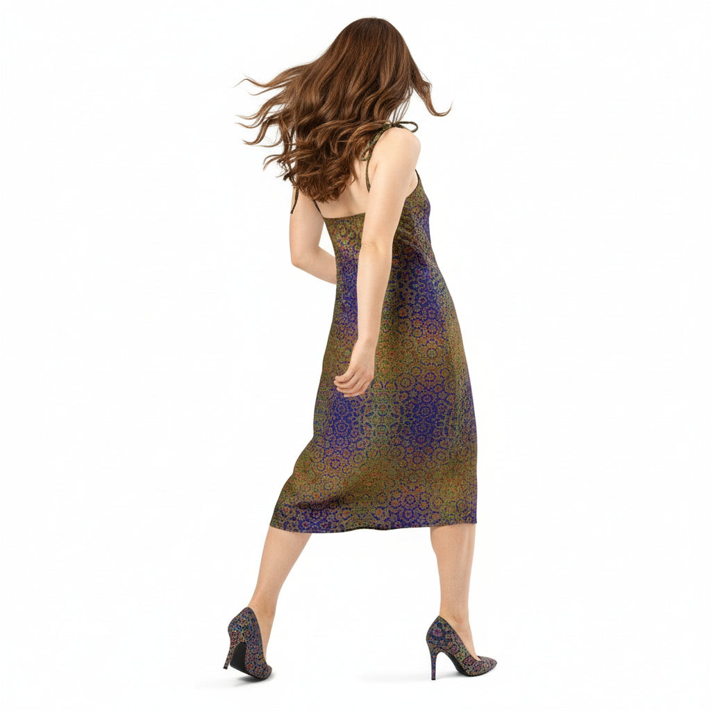 Woman wearing a patterned dress on a white background