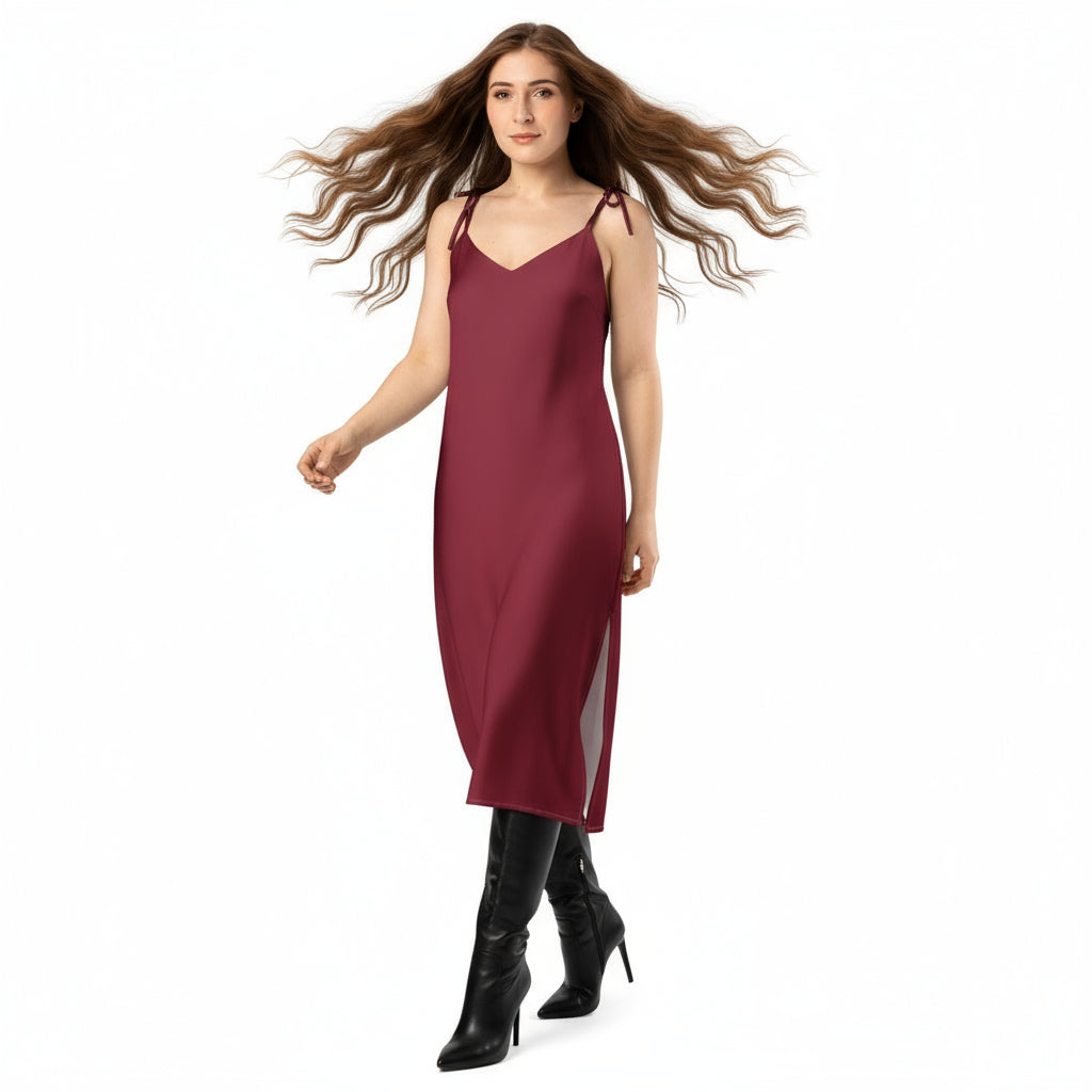 Woman wearing a burgundy slip dress on a white background