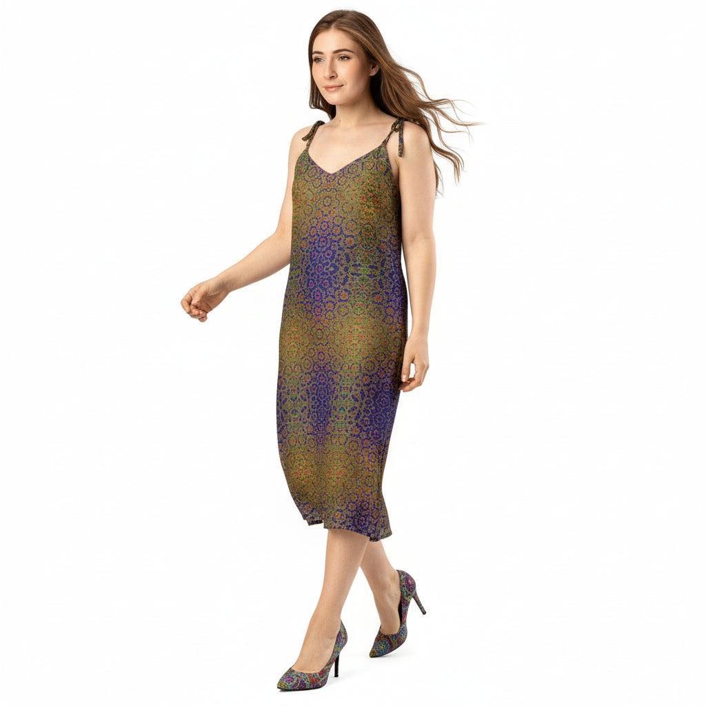 Woman wearing a patterned slip dress on a white background