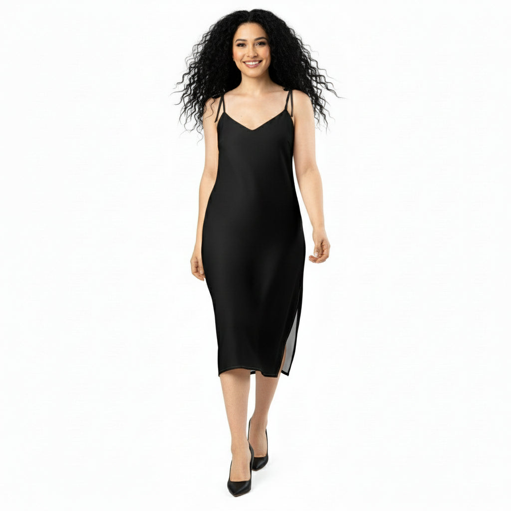 Woman wearing a black slip dress on a white background