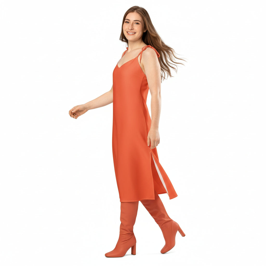 wearing same colour as dress thigh high stiletto boots. walking with hair flowing