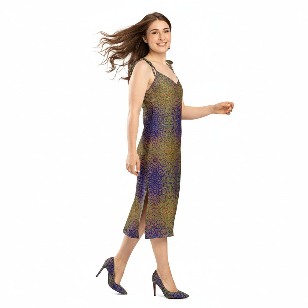 Woman wearing a patterned dress on a white background