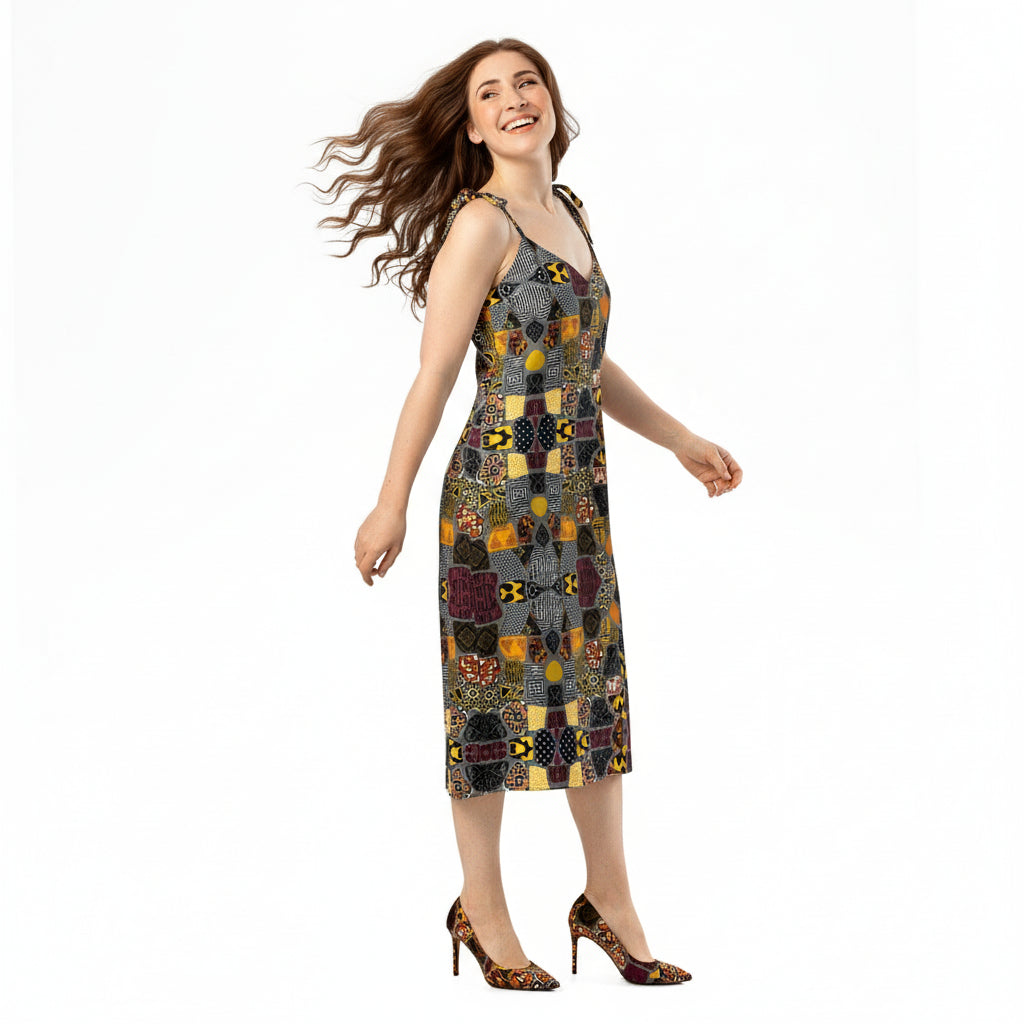 Woman wearing a patterned dress on a white background