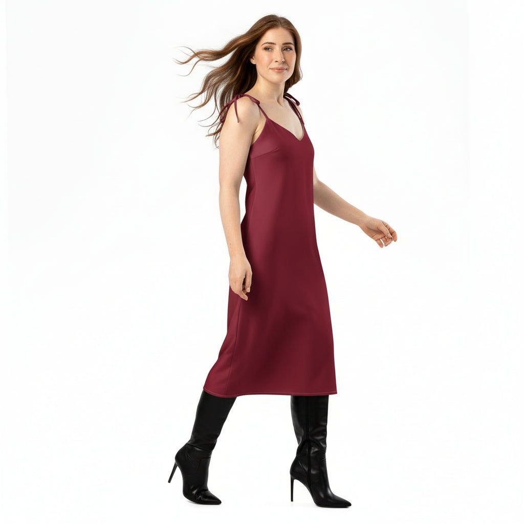 Woman wearing a burgundy dress on a white background