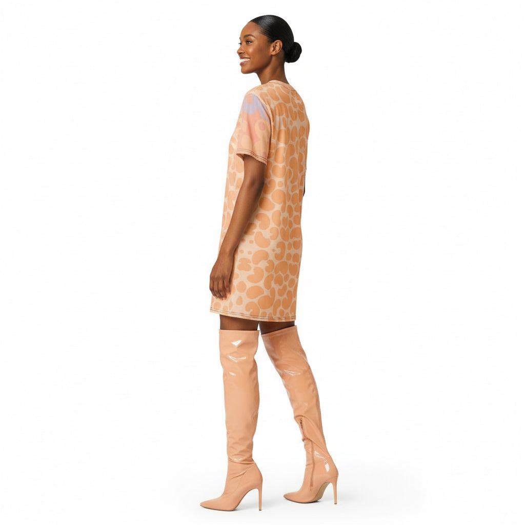 a very tall fashion model wearing this dress, paired with thigh high stiletto boots matching the dress, posing confidently, hair in bun, happy