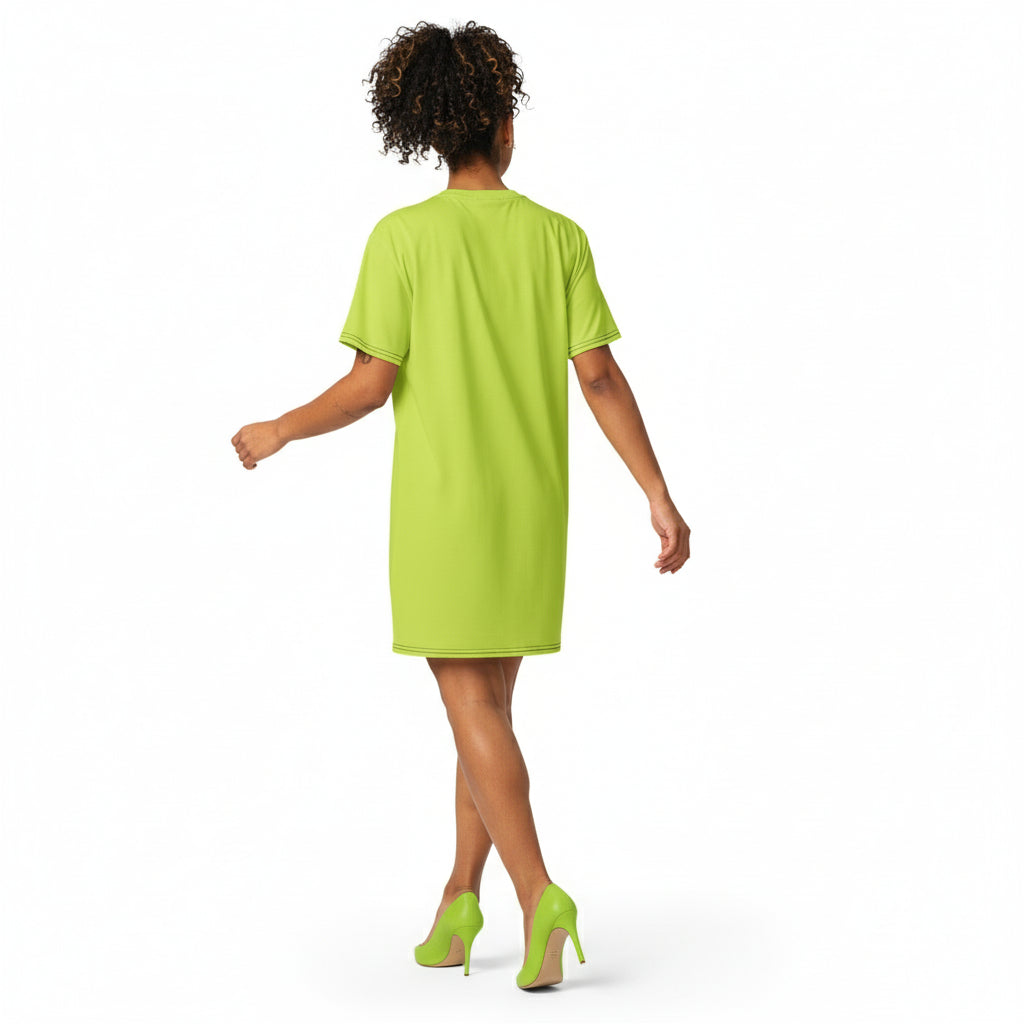 Woman wearing a bright green dress on a white background