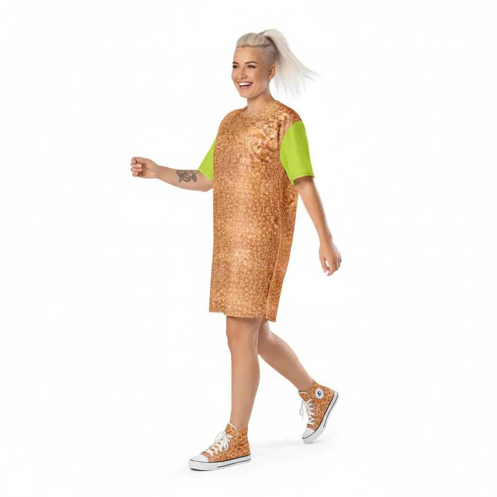 Woman wearing a gold sequin dress with green sleeves on a white background