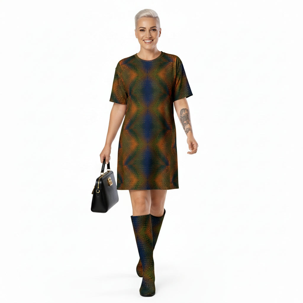 Person wearing a colorful patterned dress on a white background