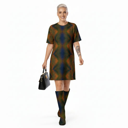 Person wearing a colorful patterned dress on a white background