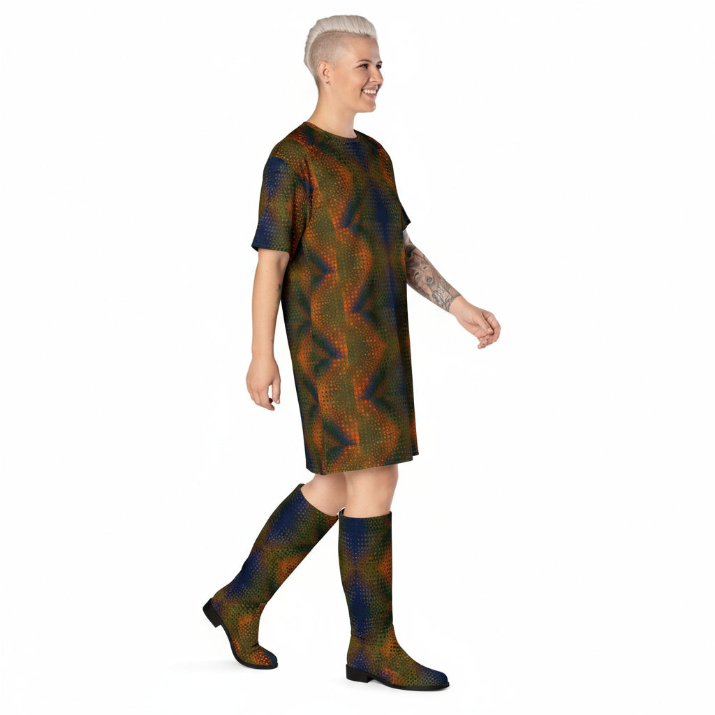 Person wearing a patterned dress and knee-high socks on a white, smillingbackground