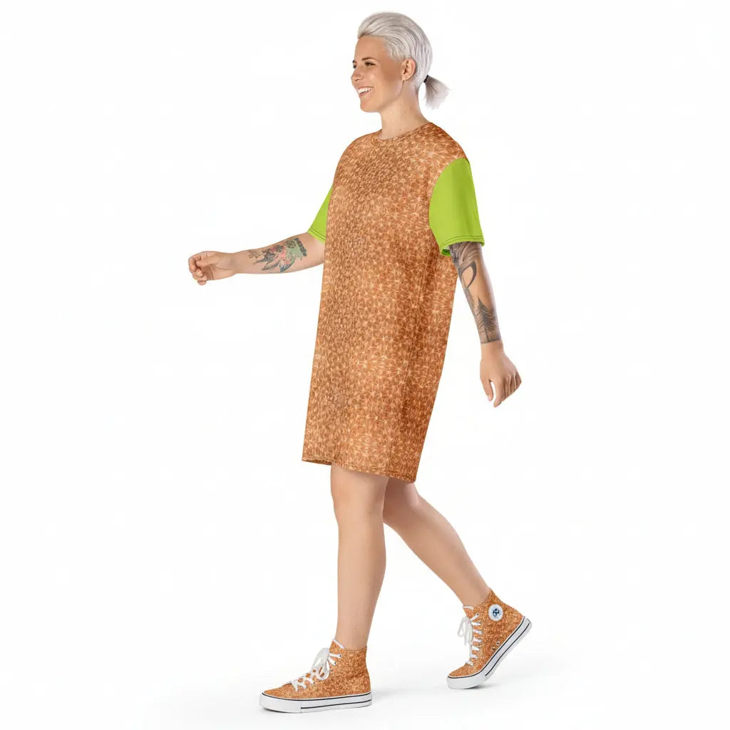 A woman wearing a peach fuzz and solid neo green t-shirt dress with a drop shoulder and oversized fit.