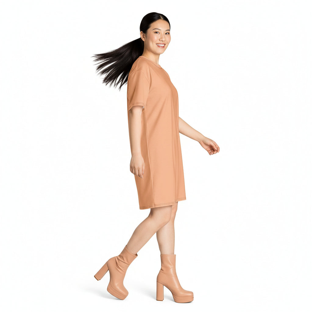 Woman wearing a peach-colored dress against a white background