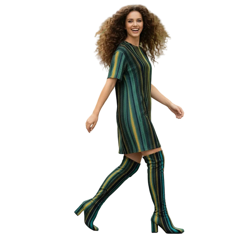Person wearing a green and blue striped outfit walking on a city street.
