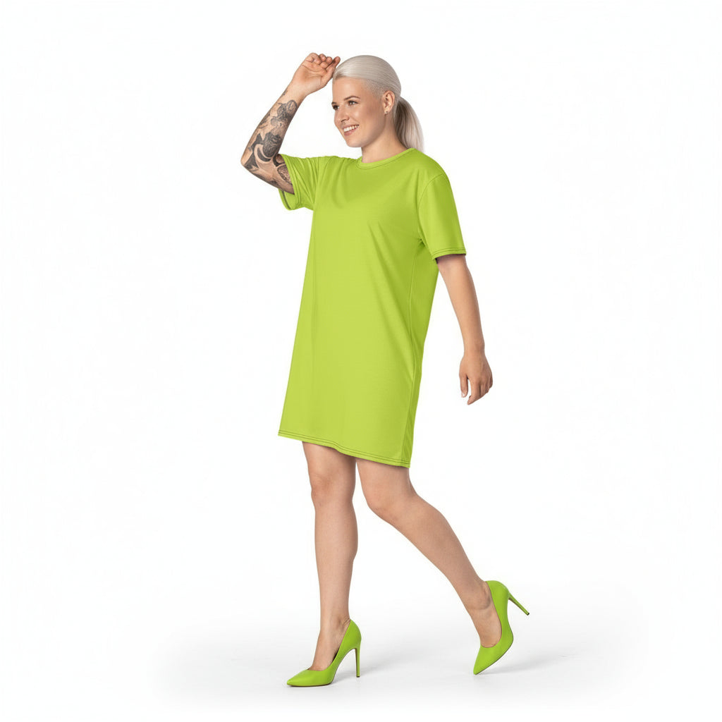 Woman wearing a bright green dress on a white background