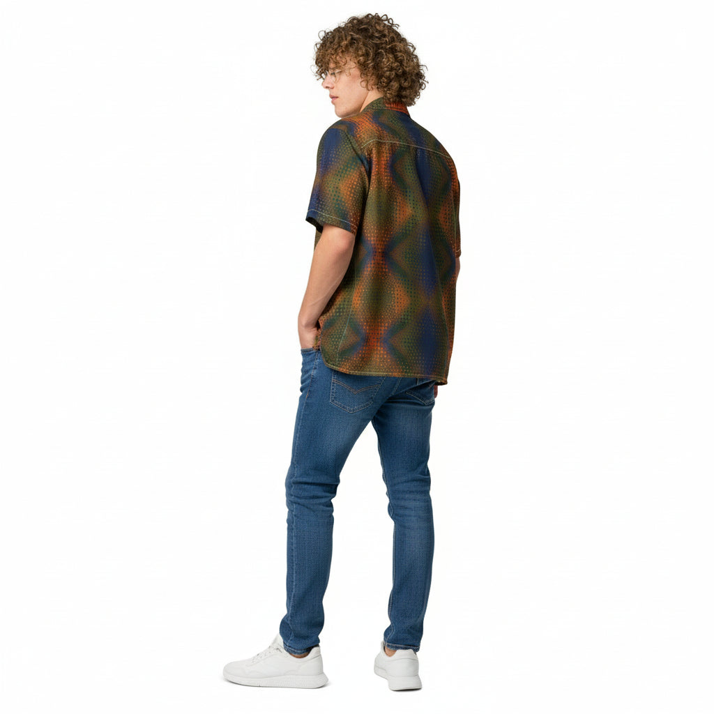 Person wearing a patterned shirt and light shorts on a white background