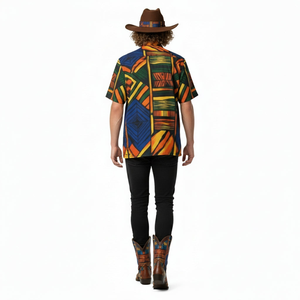 Person wearing a colorful patterned shirt and black jeans on a white background