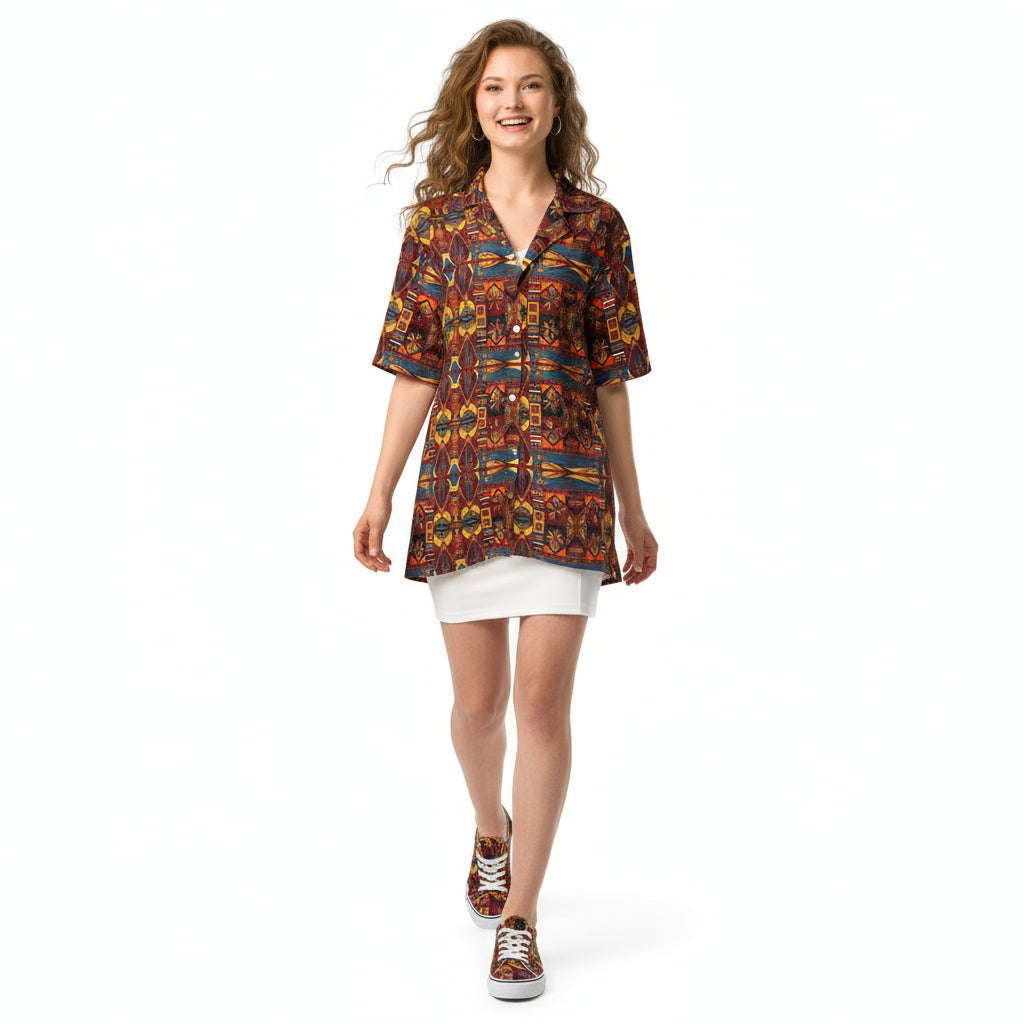 Woman wearing a colorful patterned shirt over a white mini skirt on a white background