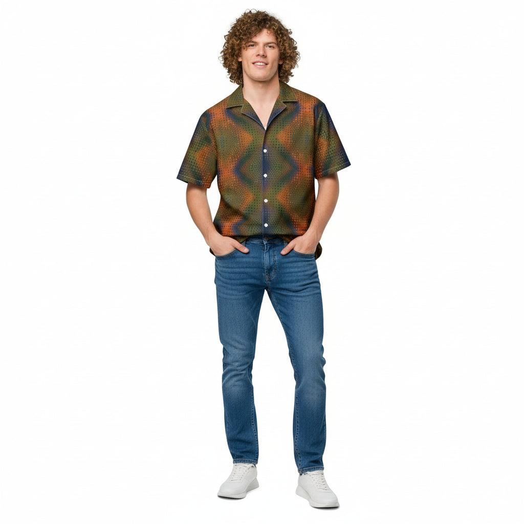 Man wearing a patterned shirt and white shorts on a white background