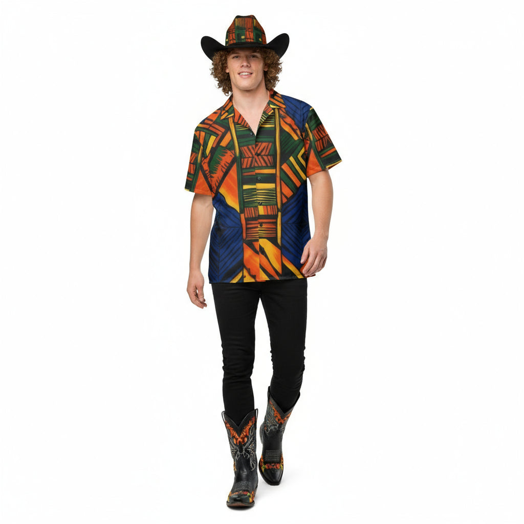 Person wearing a colorful patterned shirt and black jeans on a white background