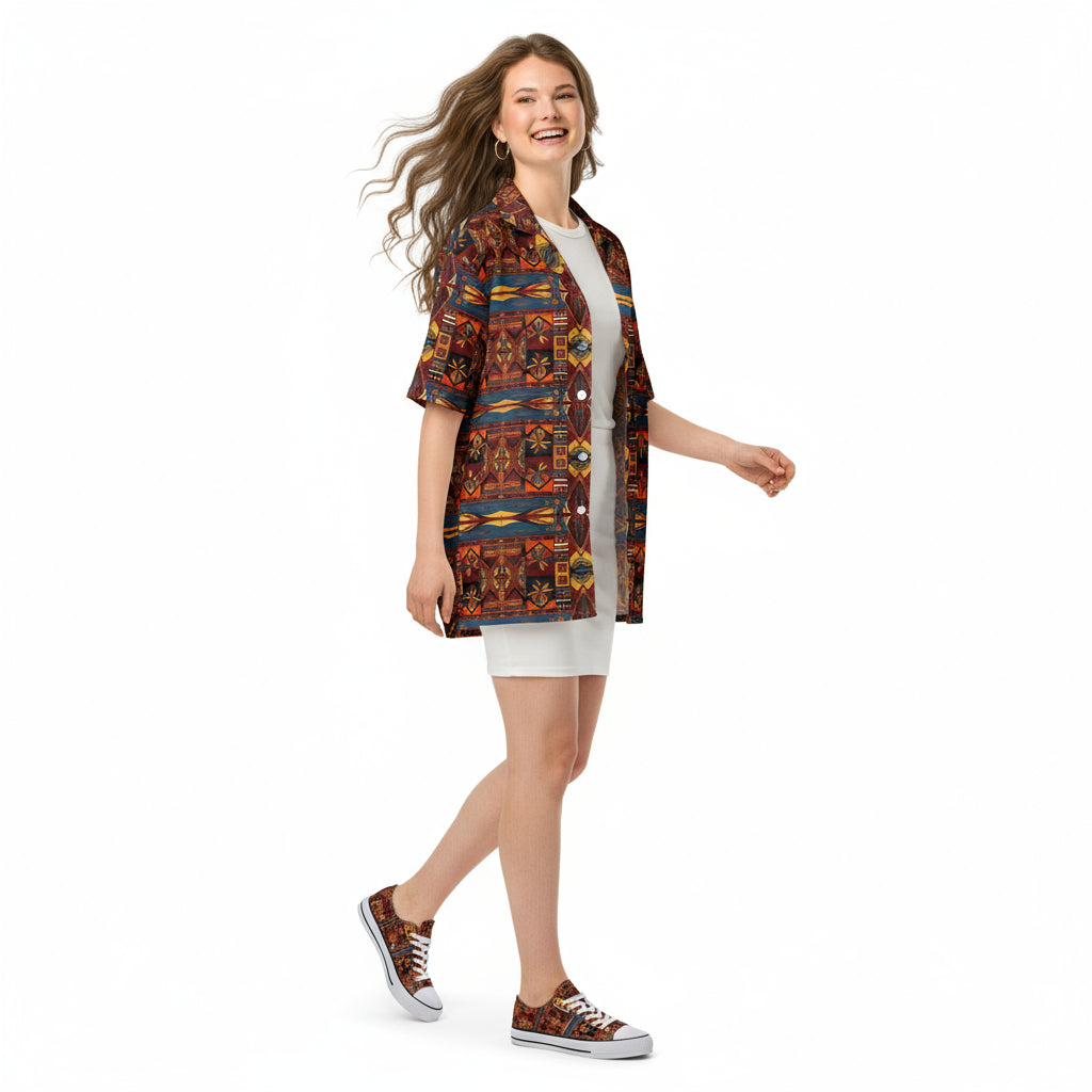Woman wearing a patterned shirt on a white background