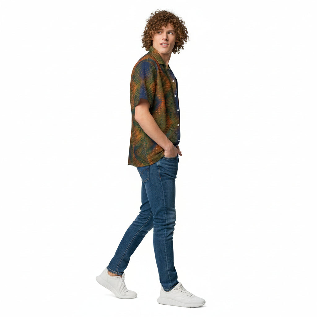 Person wearing a plaid shirt and light shorts on a white background