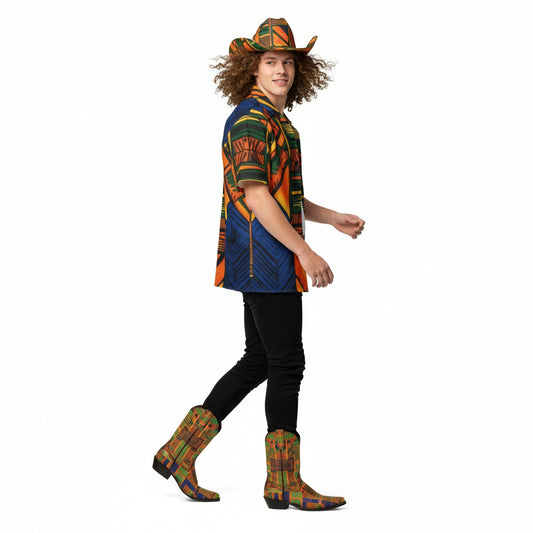 Person wearing a colorful patterned shirt and black jeans on a white background