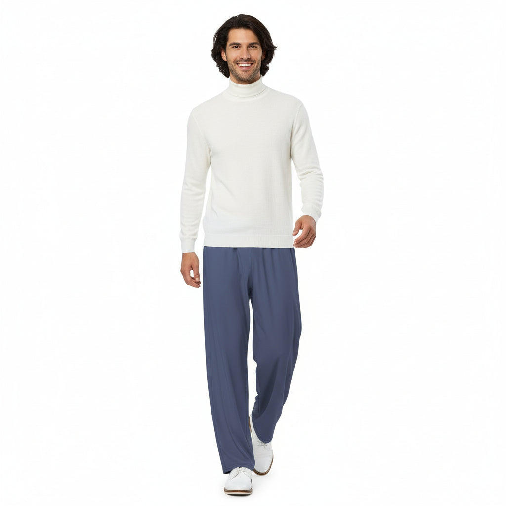 Person wearing a white t-shirt and blue pants on a white background
